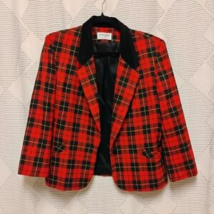 Alfred Dunner Red Black Plaid Blazer Women's Size 10 Wool Blend Velvet Collar